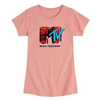 Girls 7-16 MTV Logo Grunge Plaid Graphic Tee