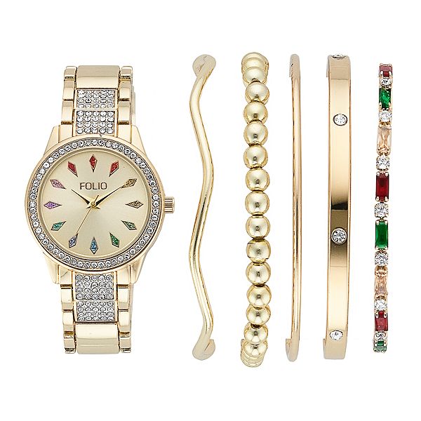 Folio Women's Gold Tone Glitz Watch & Stackable Bracelet Set