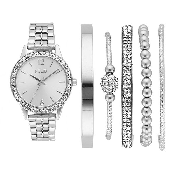 Folio Women's SIlver Glitz Bracelet Watch Stackable Set