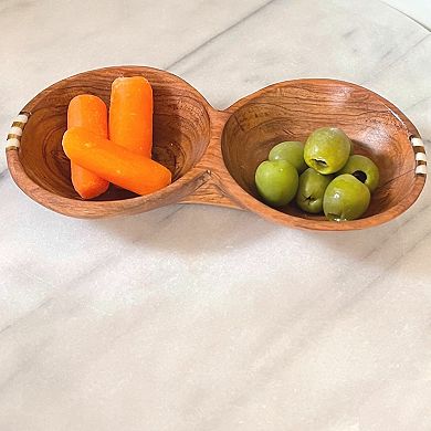 Global Crafts Rustic Double Olive Bowl with Bone Inlay
