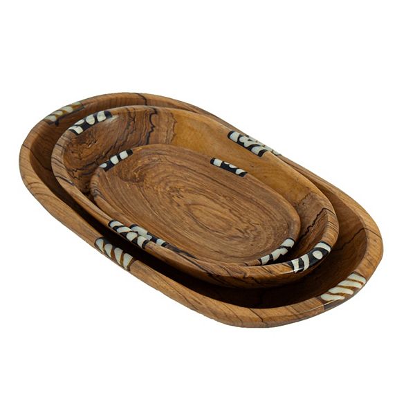 Global Crafts Nested Oval Olive Wood Serving Bowls with Bone Inlay Accent