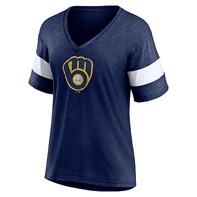 Women's Fanatics Branded Heathered Navy Milwaukee Brewers Weathered Tri-Blend V-Neck T-Shirt