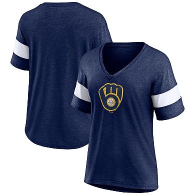 Women's Fanatics Branded Heathered Navy Milwaukee Brewers Weathered Tri-Blend V-Neck T-Shirt