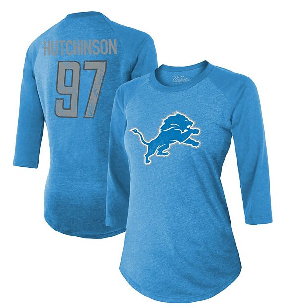 Women's Majestic Threads Aidan Hutchinson Blue Detroit Lions Name & Number  Raglan 3/4 Sleeve T-Shirt