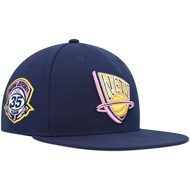 Men s Mitchell Ness Navy New Jersey Nets 35 Years Burnt Sunrise Fitted Hat