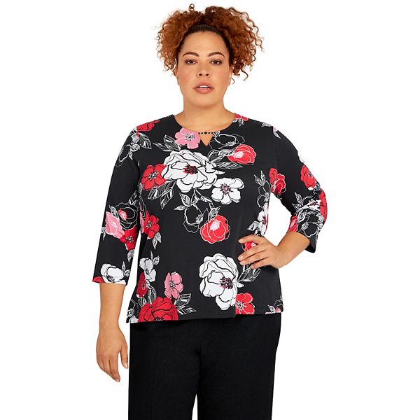 Plus Size Alfred Dunner Checking In Floral Print Three Quarter Sleeve Top