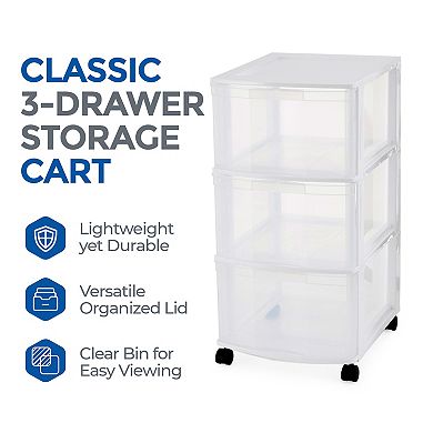 Gracious Living Classic 3 Drawer Organizer Plastic Storage Cart W/ Wheels, White