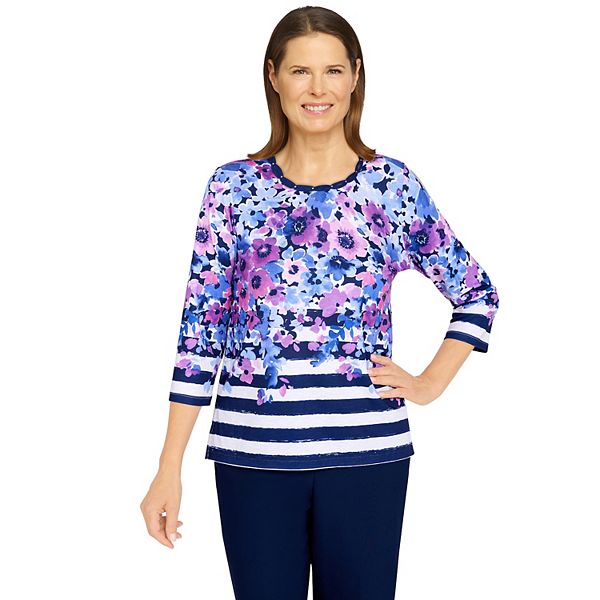 Petite Alfred Dunner Picture Perfect Somen's Flowers and Stripes Knit Top