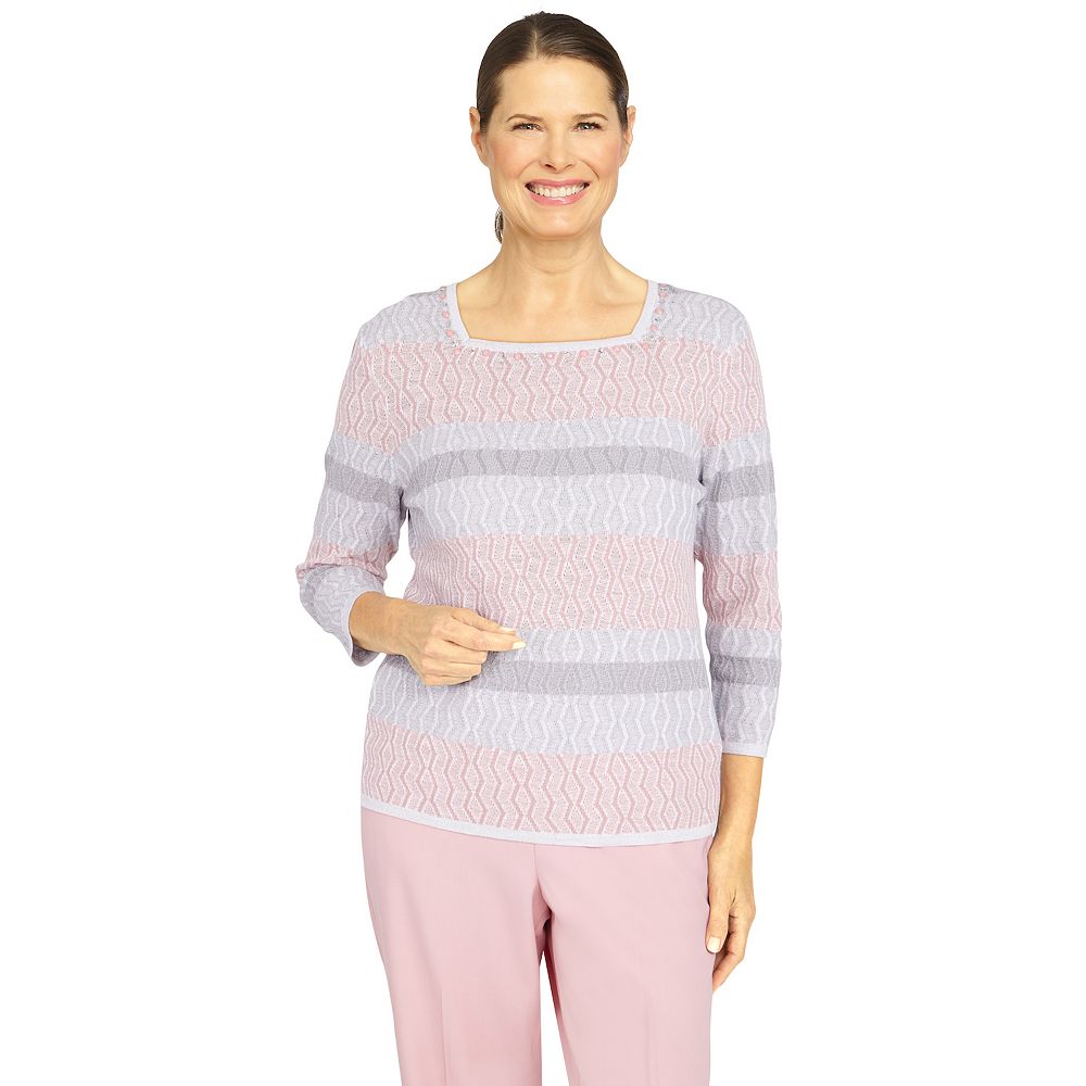 Alfred Dunner Petite Stonehenge Long Sleeve Pointelle Sweater With Scarf