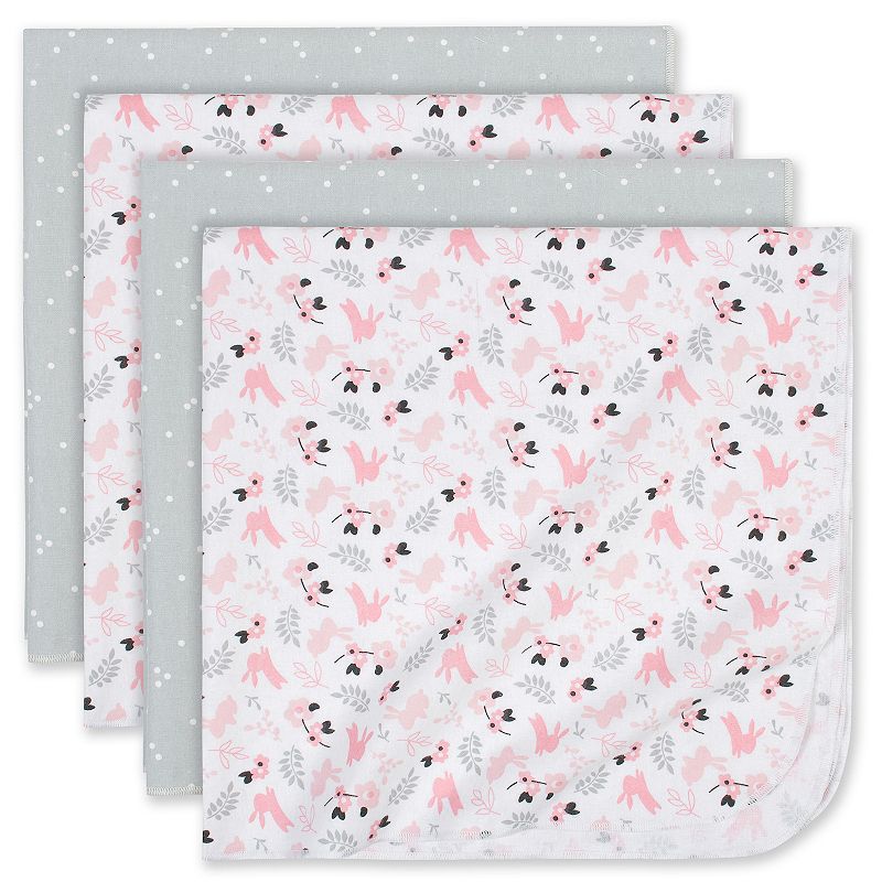 Baby Girl Just Born 4-Pack Bunny Cotton Flannel Blankets, Light Grey