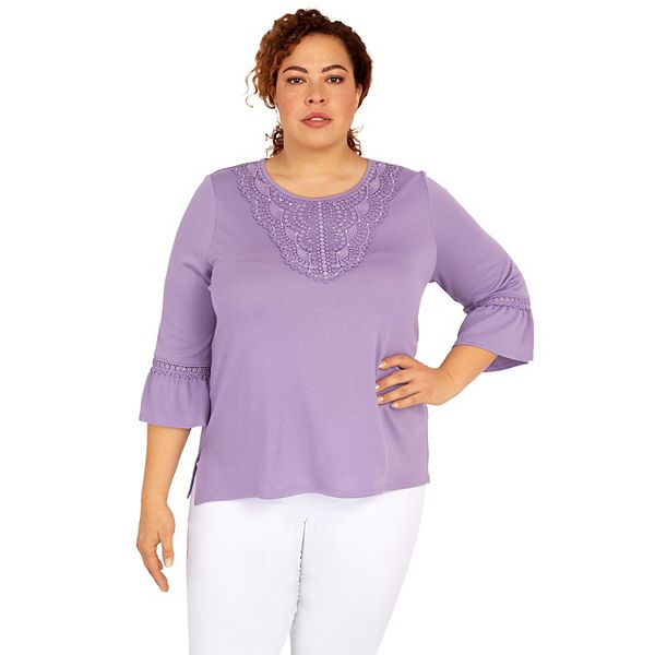 Plus Size Alfred Dunner Picture Perfect Solid Lace Trim Top