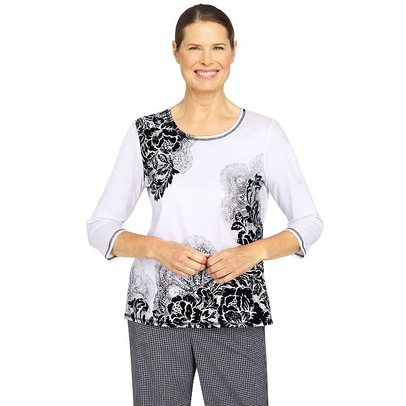 Womens Alfred Dunner Checking In Black & White Floral Soft Knit Top, Size: