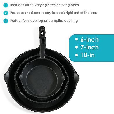 Sunnydaze 3-Piece Cast Iron Pre-Seasoned Skillet Set with 3 Pans