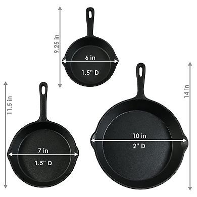 Sunnydaze 3-Piece Cast Iron Pre-Seasoned Skillet Set with 3 Pans