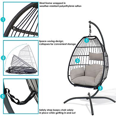 Sunnydaze Resin Wicker Hanging Egg Chair with Steel Stand/Cushions - Gray