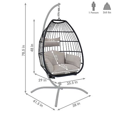 Sunnydaze Resin Wicker Hanging Egg Chair with Steel Stand/Cushions - Gray