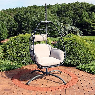 Sunnydaze Resin Wicker Hanging Egg Chair with Steel Stand/Cushions - Gray