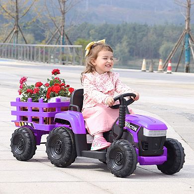 TOBBI 12V Kids Electric Battery-Powered Ride On Toy Tractor w/ Trailer, Purple