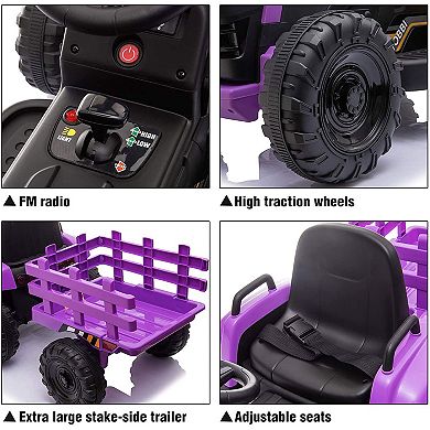 TOBBI 12V Kids Electric Battery-Powered Ride On Toy Tractor w/ Trailer, Purple