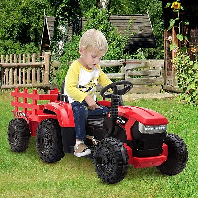 TOBBI 12V Kids Electric Battery-Powered Ride On Toy Tractor with Trailer, Red