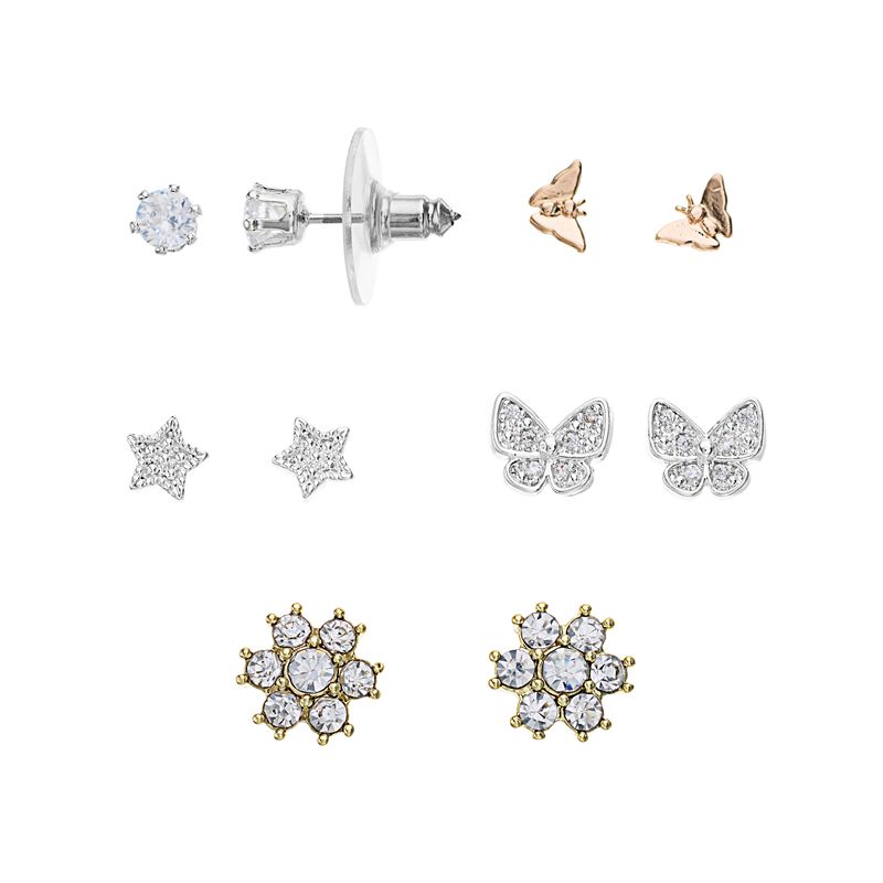 City Luxe 5-Pair Flower, Star & Butterfly Cubic Zirconia Stud Earring Set, 