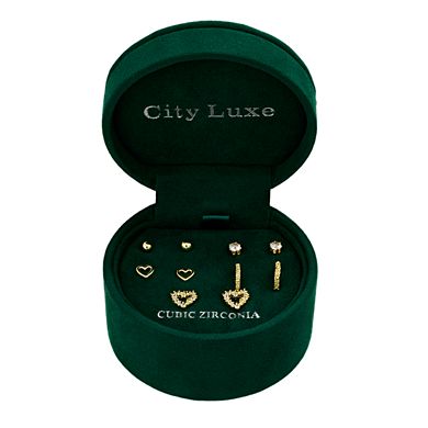 City Luxe 5-Pair Cubic Zirconia Heart & Hoop Stud Earring Set