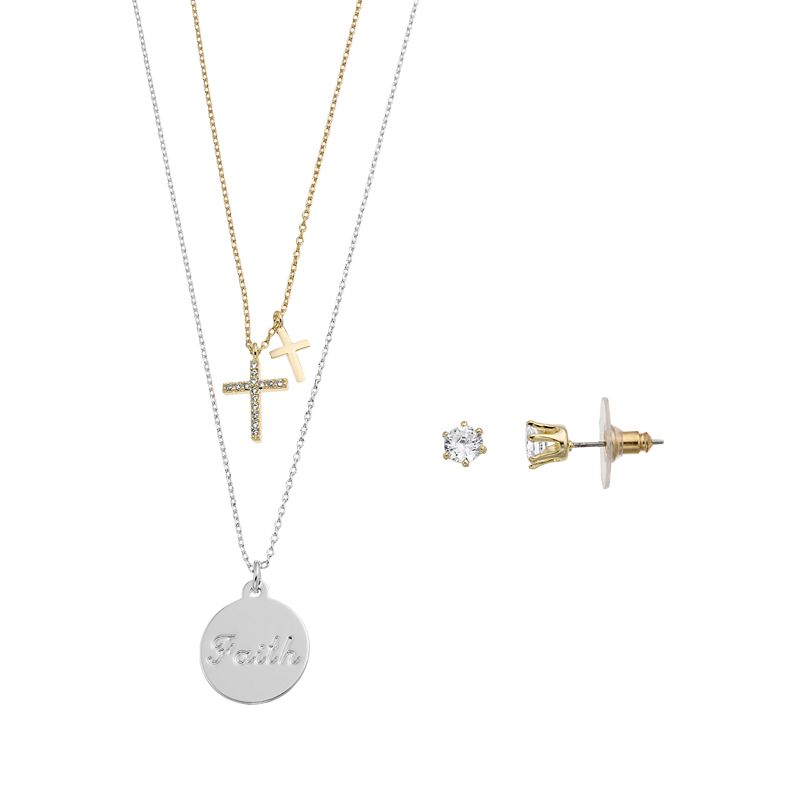 City Luxe Two Tone & Cubic Zirconia Faith & Cross Necklace & Stud Earring S