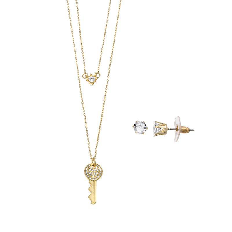 City Luxe Pave Cubic Zirconia Key & Solitaire Necklace Duo & Stud Earring S