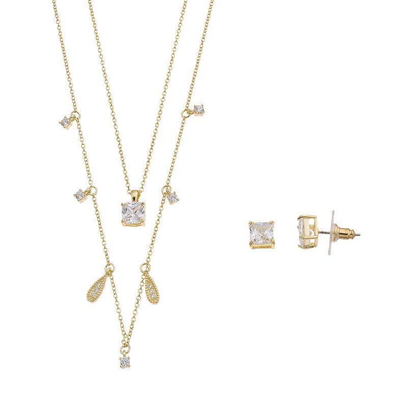 City Luxe Cubic Zirconia Charm Necklace Duo & Stud Earring Set, Womens, Wh