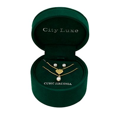 City Luxe 3 Piece Cubic Zirconia & Simulated Pearl Necklace & Stud Earring Set