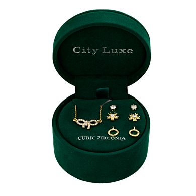 City Luxe Cubic Zirconia Bow Necklace & Stud Earring Trio Set