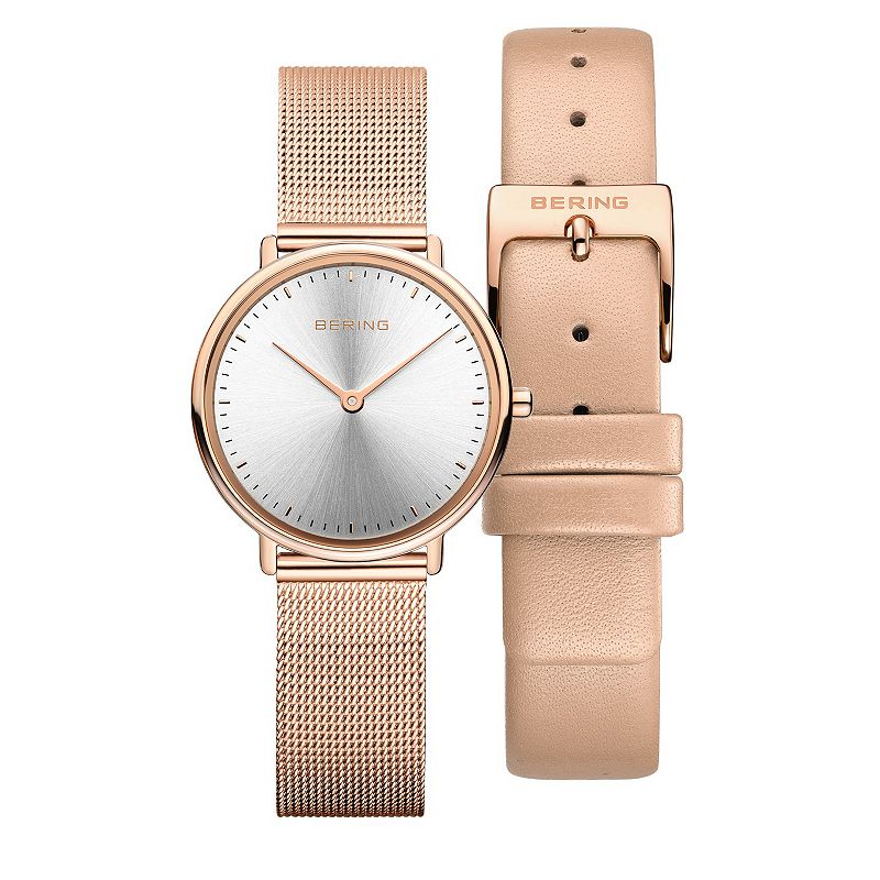 BERING Womens Classic Rose Gold Stainless Milanese Watch with Nude Leather