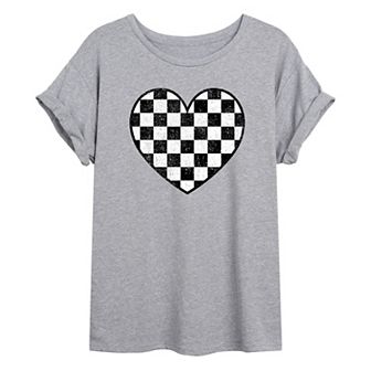 Junior's Check Print Heart Oversize Tee