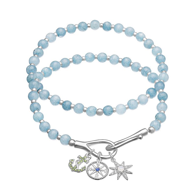 Teal Bead & Crystal Starburst, Compass & Anchor Charm Stretch Bracelet Duo