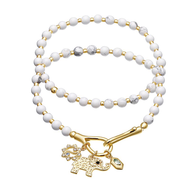 Howlite Bead & Elephant, Yin Yang & Crystal Baguette Charm Stretch Bracele
