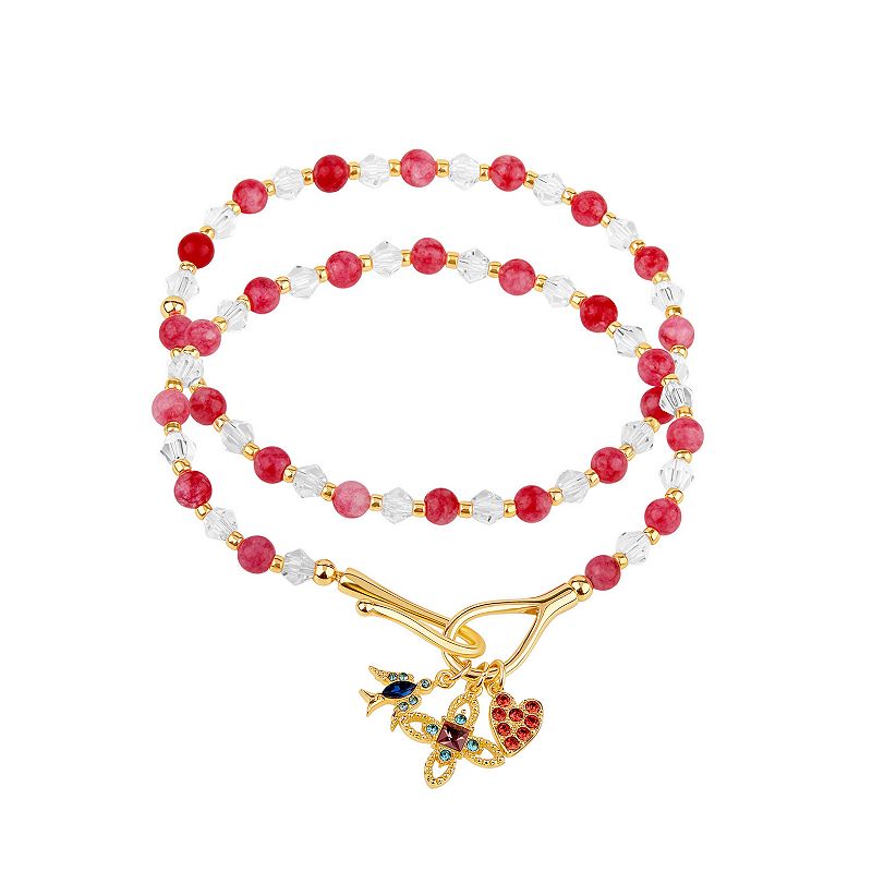 Red & White Beaded Stretch Bracelet Duo Set with Crystal Heart, Flower & H
