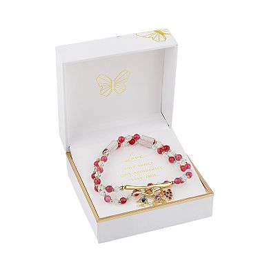 Red and White Beaded Stretch Bracelet Duo Set with Crystal Heart, Flower and Hummingbird Charms