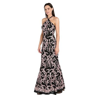 R & M Richards Women's Halter Embroidered Lace Dress, Black, 14