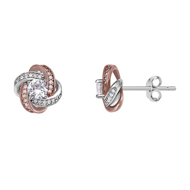PRIMROSE Two Tone Sterling Silver Cubic Zirconia Love Knot Stud