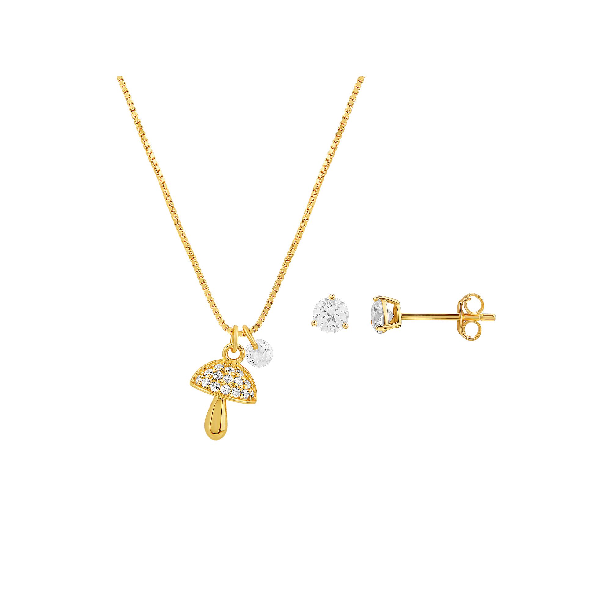 PRIMROSE 18k Gold Plated Mushroom Pendant & Cubic Zirconia Stud Earring Set