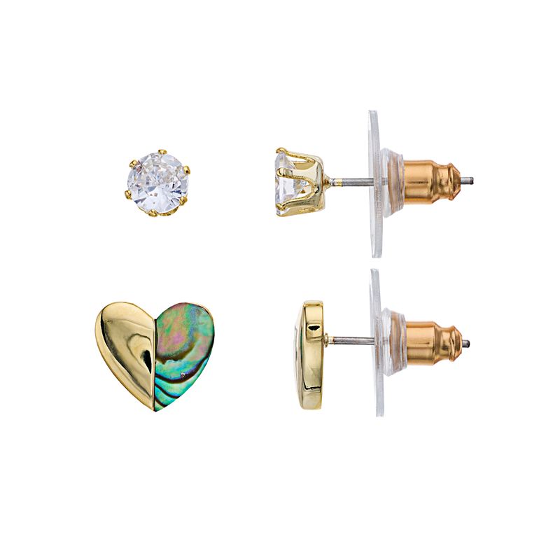 City Luxe Abalone Half Heart & Clear Cubic Zirconia Duo Gold Stud Earring S