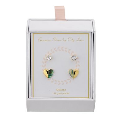 City Luxe Abalone Half Heart & Clear Cubic Zirconia Duo Gold Stud Earring Set
