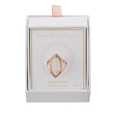 City Luxe Mother of Pearl & Clear Cubic Zirconia Open Vette Rose Gold Ring