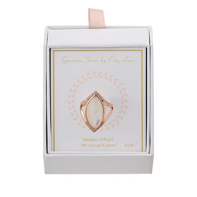 City Luxe Mother of Pearl & Clear Cubic Zirconia Open Vette Rose Gold Ring