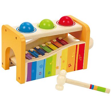 Hape Kids Wooden Musical Instrument Rainbow Pound and Tap Bench with Xylophone