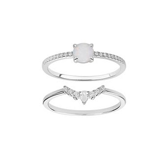 PRIMROSE Sterling Silver White Opal & Cubic Zirconia Shadow Band Duo Ring Set
