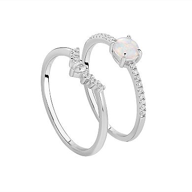 PRIMROSE Sterling Silver White Opal & Cubic Zirconia Ring & Shadow Band Duo Set