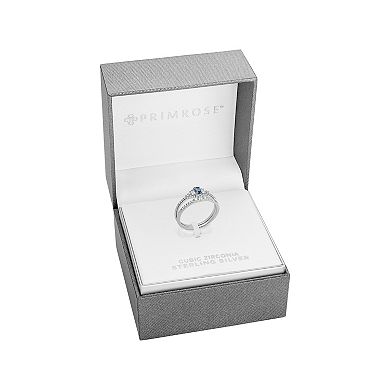 PRIMROSE Sterling Silver Blue Nano & Cubic Zirconia Baguette Ring & Band Duo Set
