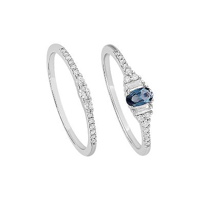 PRIMROSE Sterling Silver Blue Nano & Cubic Zirconia Baguette Ring & Band Duo Set