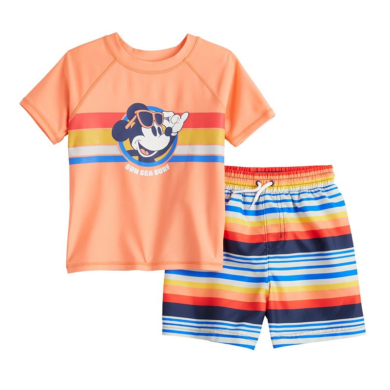 Disneys Mickey Mouse Toddler Boy Rash Guard Top & Striped Swim Trunks Set 